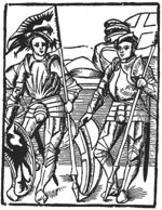 Two soldiers, both resting a hand on a shield and supporting a lance with a flag; one shield and flag with the arms of Zwolle(?), the other shield and flag with the arms of Deventer