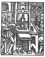 Printing shop with three men: a printer and a type-setter seated at a typecase, pointing at the copy in front of him with a compositor's stick, and a man rolling ink balls; books on a shelf; Hausmarke' and initials "J.B."