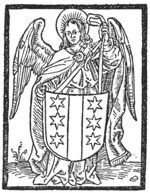 A standing angel holding the coat of arms of Gouda