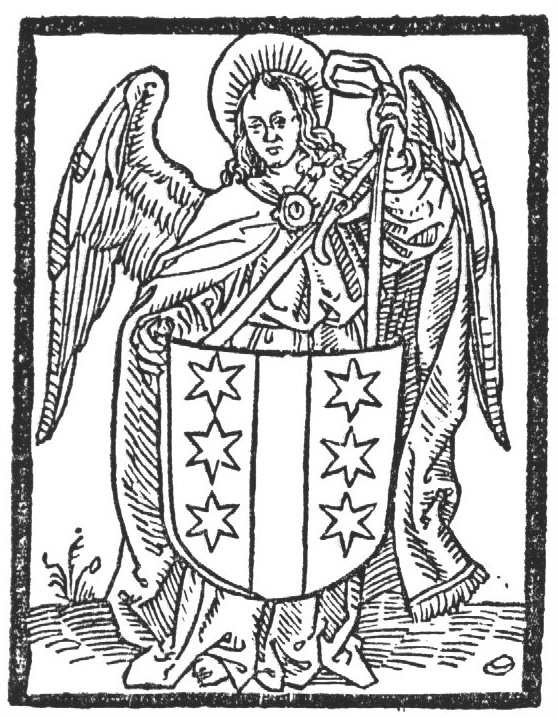 A standing angel holding the coat of arms of Gouda