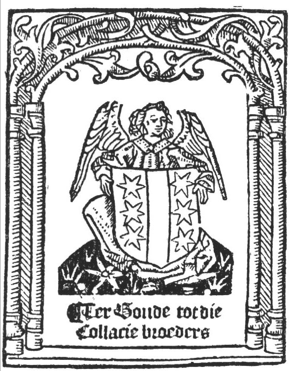 A sitting angel holding the coat of arms of Gouda