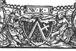 Two seated men support a shield with a 'Hausmarke'; tablet with initials "W.K."
