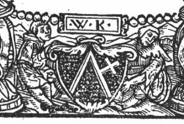 Two seated men support a shield with a 'Hausmarke'; tablet with initials "W.K."