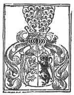 Coat of arms of Gelderland: two symmetrical lions; helmet and crest and a lion in a medallion in front of the crest