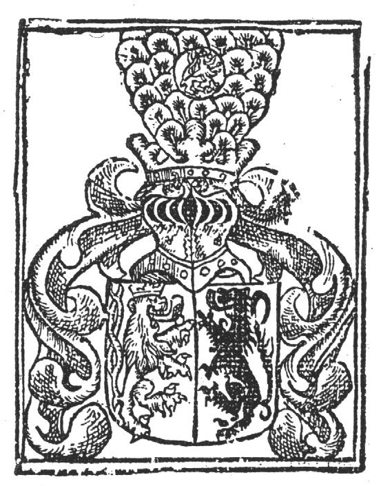 Coat of arms of Gelderland: two symmetrical lions; helmet and crest and a lion in a medallion in front of the crest