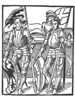 Two soldiers, both resting a hand on a shield and supporting a lance with a flag; one shield and flag with the arms of Gelre, the other shield and flag with the arms of Deventer(?)