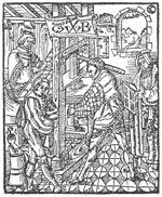 Printing office with four men: type setter with compositor's stick, printer and corrector(?), and one man holding ink balls; a landscape seen through a window; a bucket; 'Hausmarke' with initials "T.B."