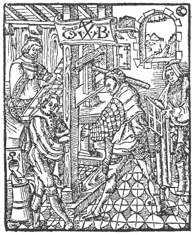 Printing office with four men: type setter with compositor's stick, printer and corrector(?), and one man holding ink balls; a landscape seen through a window; a bucket; 'Hausmarke' with initials "T.B."