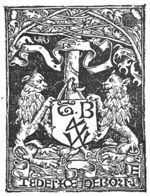 Two heraldic lions holding a shield, hanging from a tree, with 'Hausmarke' and the initials "T.B."; two banderoles, one with its text erased the other one with an inscription