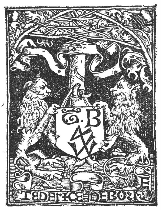 Two heraldic lions holding a shield, hanging from a tree, with 'Hausmarke' and the initials "T.B."; two banderoles, one with its text erased the other one with an inscription