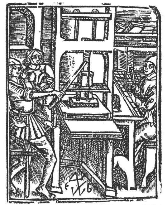 Printing shop with three men: a printer and a type setter(?) seated at a lectern, pointing at the copy in front of him with a compositor's stick, and one man holding ink balls; books on a shelf; 'Hausmarke' and initials "T.B."(?)