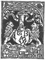 Two heraldic lions holding a shield, hanging from a tree, with 'Hausmarke' and the initials "T.B."; two banderoles with inscription; flowering branches intertwine across the tree