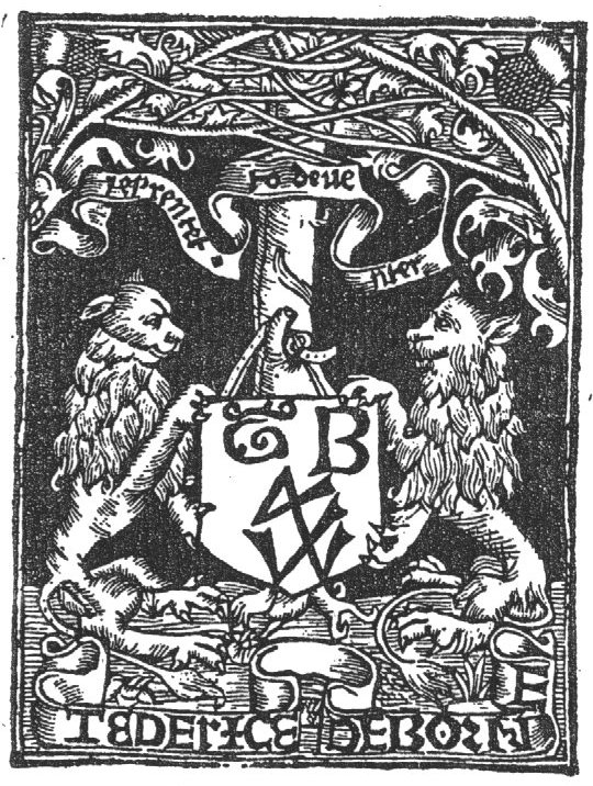 Two heraldic lions holding a shield, hanging from a tree, with 'Hausmarke' and the initials "T.B."; two banderoles with inscription; flowering branches intertwine across the tree