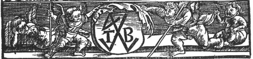 Two putti hold a staff in one hand and support a 'Hausmarke' with the initials "T.B." with the other; a third putto lies on the ground resting his head on his hand; a fourth one (wingless) pulls at the tunic of one of his comrades