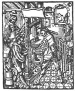 Printing office with four men: type setter with compositor's stick, printer and corrector(?), and a man holding ink balls; a landscape seen through a window; a bucket