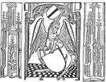 A winged unicorn under an arch on a chequered floor holding a blank shield which hangs from a belt across his shoulders; coat of arms of Delft above his head; frame of separate blocks showing pinnacles with sculptures of a man and woman