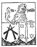 An heraldic lion standing behind two coats of arms: one with 'Hausmarke', the other one - sword, stars and cross - of the city of Haarlem