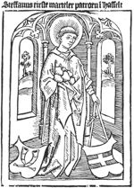 St. Stephen in a chapel-like architectural setting; landscape with trees visible through the windows; the saint is holding stones with one hand and the coat of arms of Hasselt with his other; at his feet the coat of arms of Barmentlo