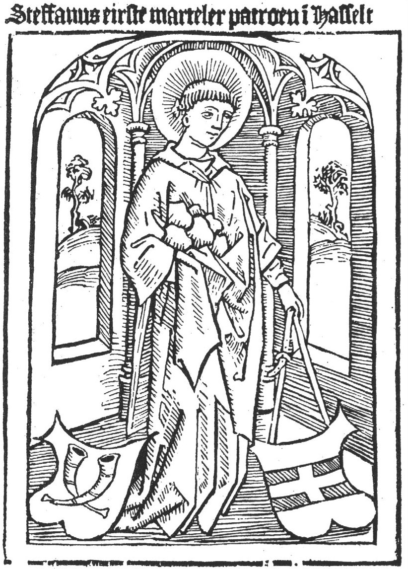 St. Stephen in a chapel-like architectural setting; landscape with trees visible through the windows; the saint is holding stones with one hand and the coat of arms of Hasselt with his other; at his feet the coat of arms of Barmentlo