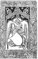 Griffin with a blank shield hanging from his neck; coat of arms of Haarlem above his head hanging from scrollwork; an ornamental arch; decorative frame with peacocks and other birds in heavy, flowering, foliage, monkeys on monstrous animals, a man throwing a spear at a bird