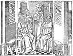 Four men in a house, two are seated on a bench, one of them is wearing a crown and holding a sceptre, the other one has his arms folded across his body with the hands in his sleeves; two are standing, one them is counting arguments on his fingers; three coats of arms - one of which carries a 'Hausmarke' - are fixed to the windows in the rear wall.