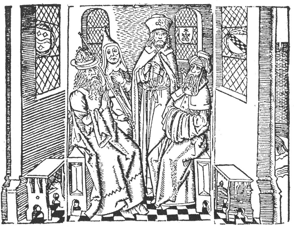 Four men in a house, two are seated on a bench, one of them is wearing a crown and holding a sceptre, the other one has his arms folded across his body with the hands in his sleeves; two are standing, one them is counting arguments on his fingers; three coats of arms - one of which carries a 'Hausmarke' - are fixed to the windows in the rear wall.