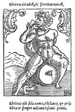 'Ebrietas', (lack of) Secrecy and 'Infamia': a naked man with a wreath around his head, sitting on a cask of wine with a leaking faucet and drinking a glass of wine; in the corners the faces of two men are incorporated in an ornament; a jug on the floor; a landscape setting