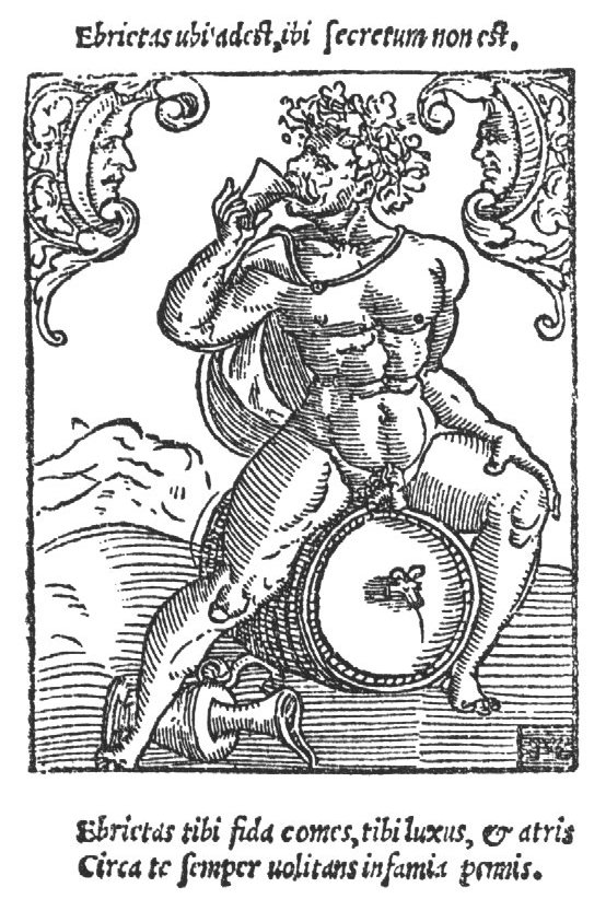 'Ebrietas', (lack of) Secrecy and 'Infamia': a naked man with a wreath around his head, sitting on a cask of wine with a leaking faucet and drinking a glass of wine; in the corners the faces of two men are incorporated in an ornament; a jug on the floor; a landscape setting