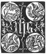 Medallions with the symbols of the four evangelists, all with a banderole carrying their names, surround an IHS monogram with foliage ornamentation