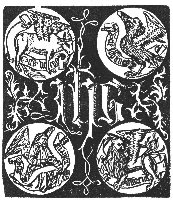 Medallions with the symbols of the four evangelists, all with a banderole carrying their names, surround an IHS monogram with foliage ornamentation