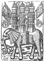 An elephant carrying a castle with a few soldiers; the flags of Gouda and Maximilian I stuck into the corner towers of the castle; initials "G.D."(?); landscape setting