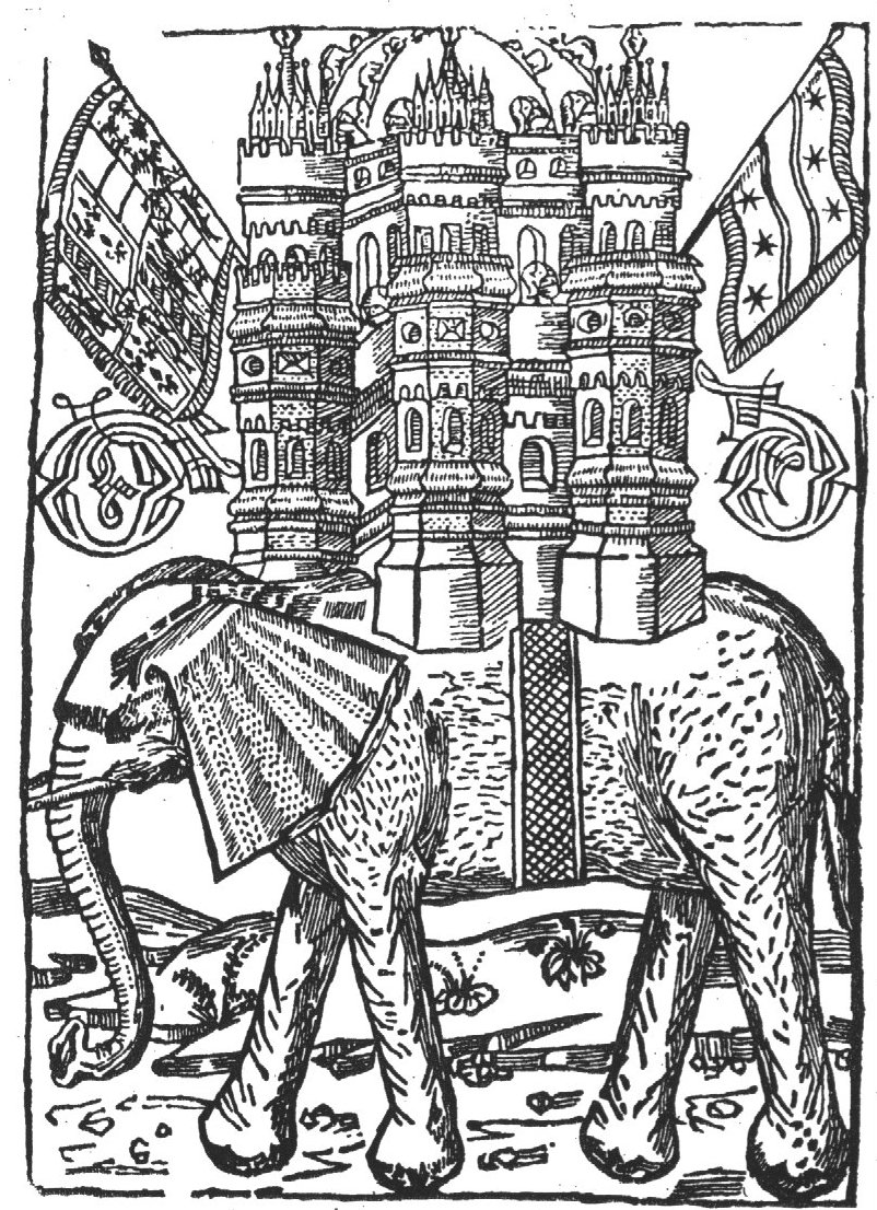 An elephant carrying a castle with a few soldiers; the flags of Gouda and Maximilian I stuck into the corner towers of the castle; initials "G.D."(?); landscape setting