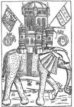 An elephant carrying a castle with a few soldiers; the flags of Gouda and Maximilian I stuck into the corner towers of the castle; initials "G.D."(?); one of the soldier blowing a trumpet; landscape setting