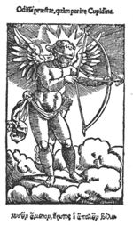 Blindfolded Cupid aiming an arrow; he is surrounded by a supernatural radiance and appears to be standing on clouds