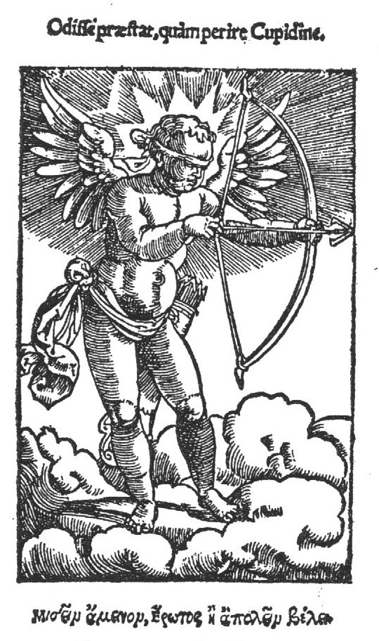 Blindfolded Cupid aiming an arrow; he is surrounded by a supernatural radiance and appears to be standing on clouds