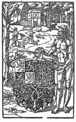 A naked man ('wild man'?) holding the coat of arms of 's-Hertogenbosch; a hilly forest setting with hunters with dogs walking along a path; a large house on the hill