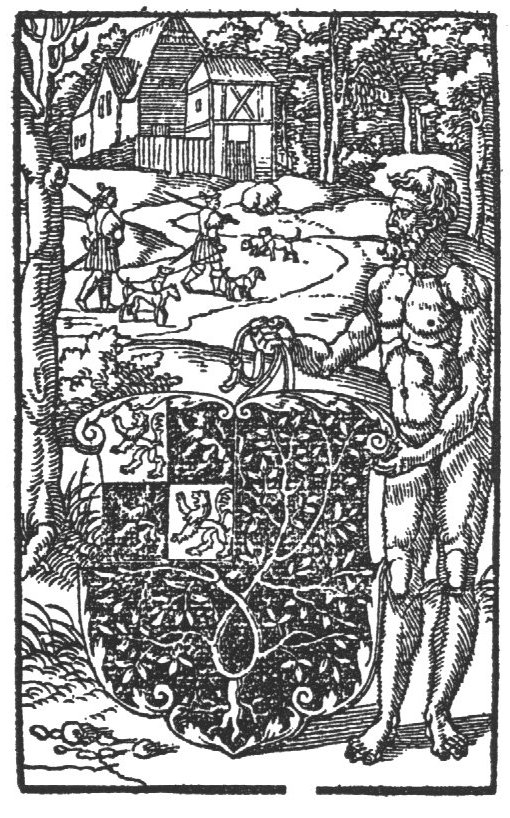 A naked man ('wild man'?) holding the coat of arms of 's-Hertogenbosch; a hilly forest setting with hunters with dogs walking along a path; a large house on the hill