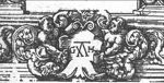 Coat of arms with the 'Hausmarke' and initials "G.H." is held up by two 'Mostri' of mixed human (naked boys) and animal shape