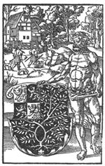 A naked man ('wild man'?) with a wreath on his head and another one covering his genitals is holding the coat of arms of 's-Hertogenbosch with one hand and a club in the other; a hilly forest setting with hunters with dogs walking along a path; a large house on the hill