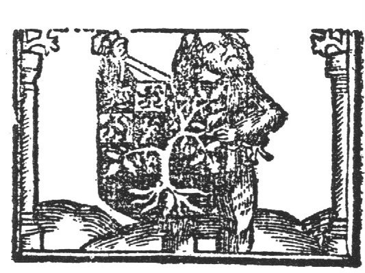A 'wild man' holding the coat of arms of 's-Hertogenbosch; columns to the sides