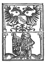 Above: double headed eagle with a shield inscribed with the initials "S.P.Q.R."; below: a 'wild man' holding the coat of arms of 's-Hertogenbosch; columns to the sides