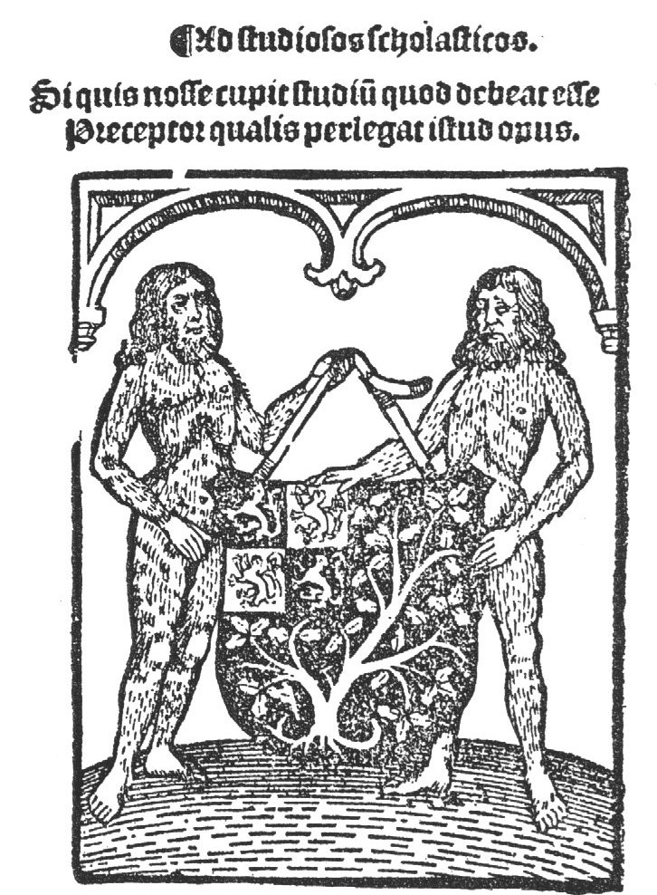 Two 'wild men' under an arch, holding the coat of arms of 's-Hertogenbosch between them