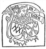 Heraldic lion holding the coat of arms of Leiden and a shield with 'Hausmarke'; a banderole with inscription