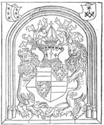 Under an arch two heraldic lions hold the coat of arms of archduke Maximilian(?) with helmet and crest; above the arch: coat of arms of Gouda and 'Hausmarke'