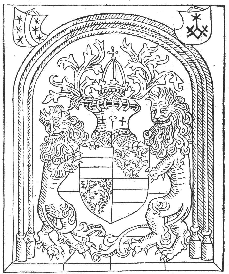 Under an arch two heraldic lions hold the coat of arms of archduke Maximilian(?) with helmet and crest; above the arch: coat of arms of Gouda and 'Hausmarke'