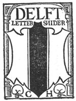 Coat of arms of Delft in front of an arch; the names of Delft and Lettersnijder above the shield, leaves of waterlilies(?) and initials "C.H." below it