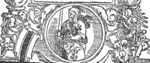 Coat of arms of Delft and a coat of arms showing three waterlily leaves and a sword; both are held by a young man; between them a medallion with St. Paul (related to the book's subject)