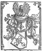Coat of arms showing three water-lily leaves and a sword from which gloves are hanging with helmet and crest, including a monkey's head(?); columns to the sides