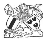 Heraldic lion holding the coats of arms of Delft and of van der Meer (three water-lily leaves); banderole