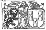 An angel holding two coats of arms of Schiedam: a lion and three hourglasses; banderoles with inscription